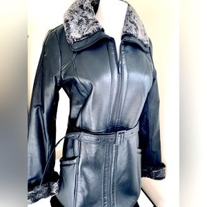 Danier black real leather long winter jacket Coat Thinsulate & Faux Fur Lining